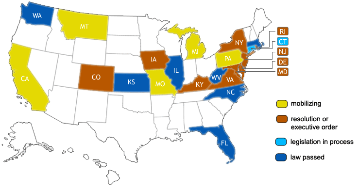 map showing where laws are either in the process of, or have been passed that require schools to teach disability history and awareness.
